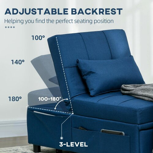 Wyld Haus Leve Fabric Blue 4 In One Convertible Chair Bed With Adjustable Back Side Pocket Wheels And Pillow