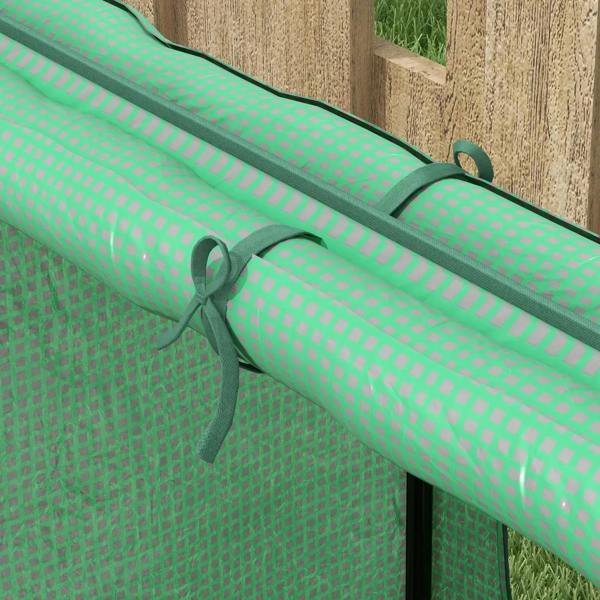 Green greenhouse cover roll bar with fabric mesh and corner ties