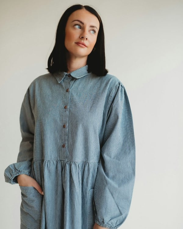 Magda Blue Pinstripe Print Long Sleeve Midi Dress- image 3