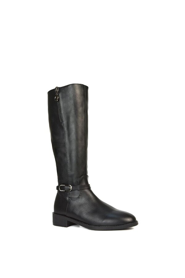XY LONDON Knee High Boots Low Heel Zip Up Calf Riding Biker With Ankle Strap