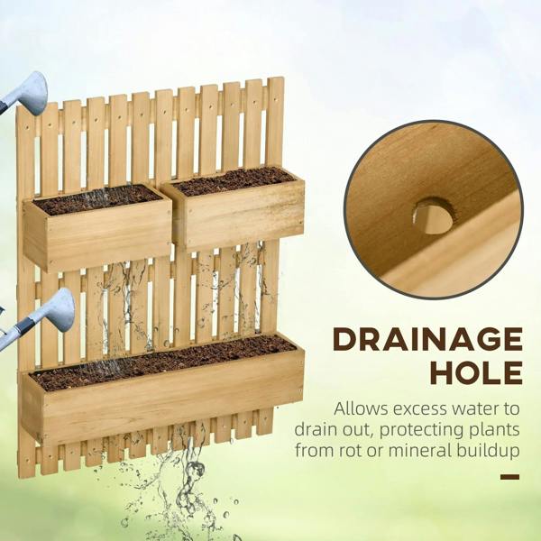 Wall-mounted wooden trellis planter showing drainage holes in the planter boxes