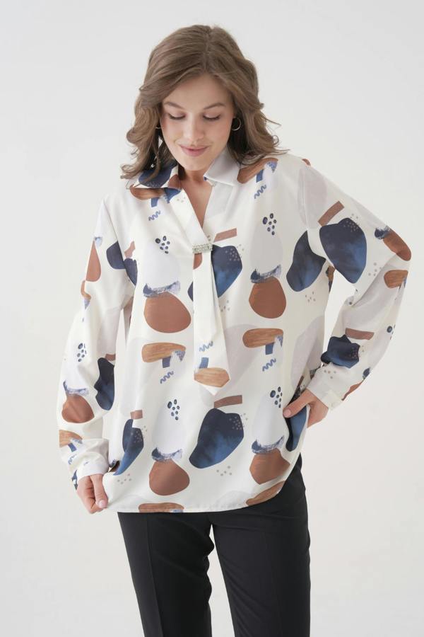 Hoxton Gal Oversized V-Neck Long Sleeves Brooch and Print Detail Blouse