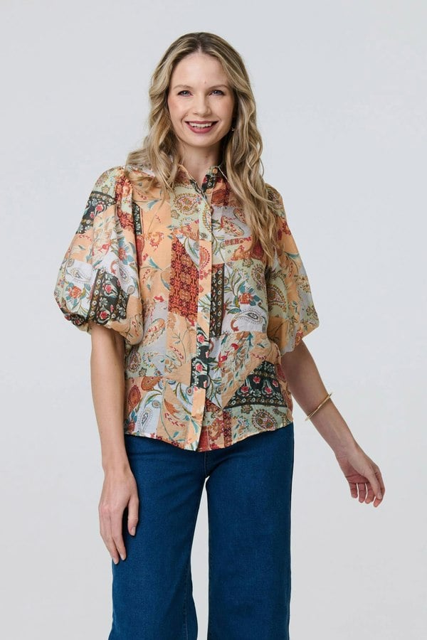 Orange | Patchwork Print 1/2 Puff Sleeve Shirt
