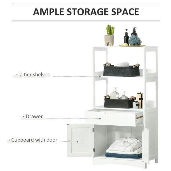 White storage cabinet with two-tier shelves, open drawer, and cupboard door for organizing