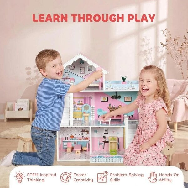 Wooden Dolls House, Large 3-Storey Modern Dollhouse with 10 Accessories, Pretend Play Toy Gift for Ages 3-6 Years, Pink