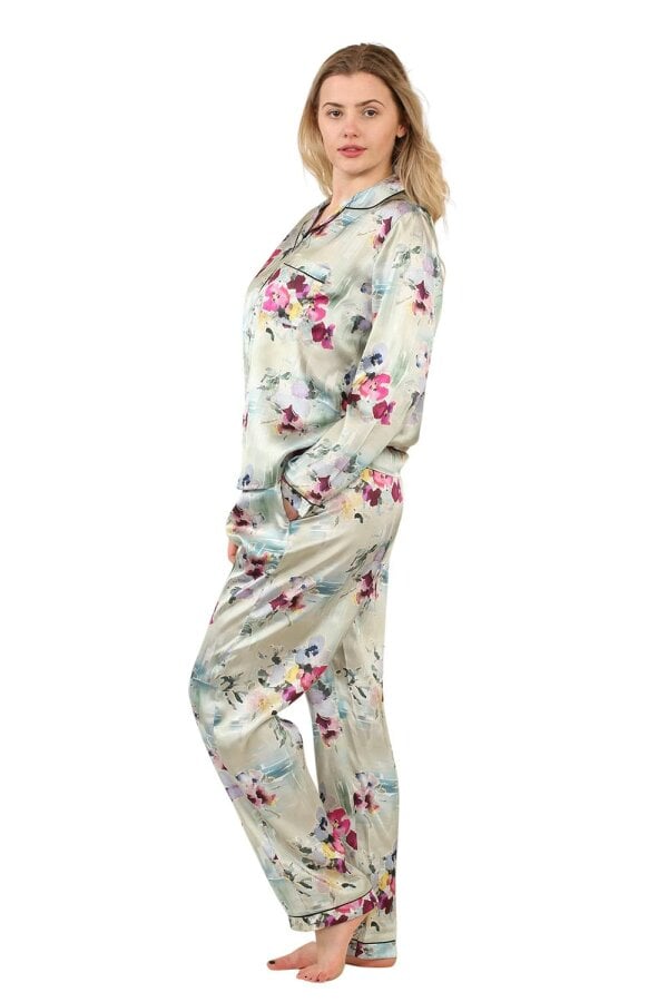 Luxury Satin Watercolour Floral Pyjama Set – Long Sleeve, Button-Up & Pockets