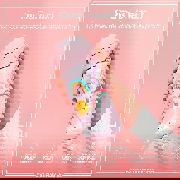 A pink, rainbow-decorated water bottle is held; its flip top opens one-handed. The bottle is made of stainless steel; it’s leakproof and has triple lock security. The background is pink.