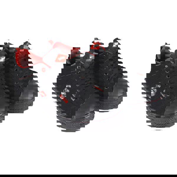 Lee Cooper Baseball Mens/Womens Steel Toe SB Work Lace Up Trainers, black and red casual work sneakers with steel toe caps and lace-up design.