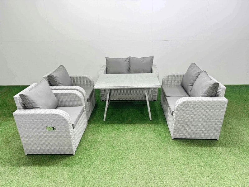 Fimous 6 Seater Rattan Garden Furniture Set Outdoor Love Sofa Set with Rectangular Dining Table Light Grey