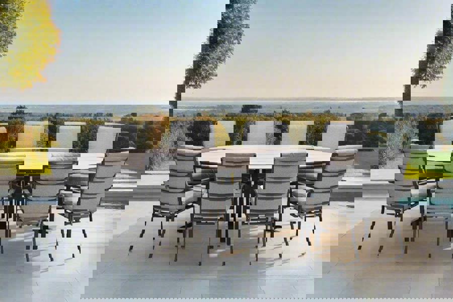 Garden Impressions Edison Natural - Eight Seater Oval Dining Suite with Sergio Chairs - Light Grey Cushions