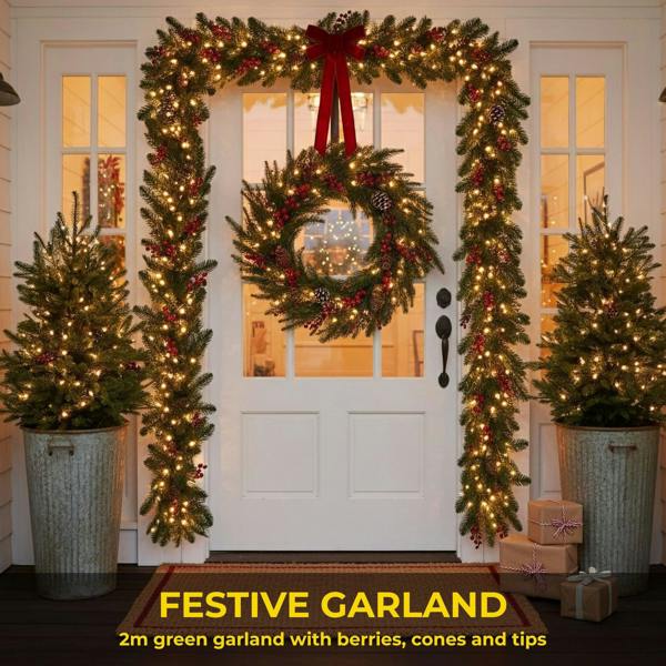2m Green Pre-Lit Christmas Garland with PVC Foliage, Red Berries, Pine Cones and Warm LED Lights image 9