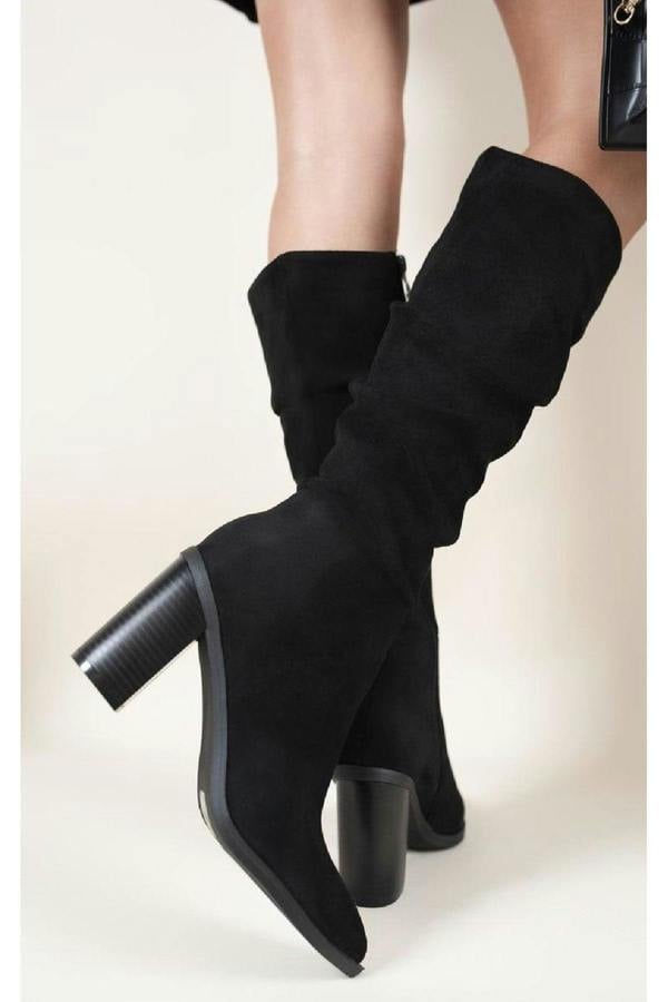 Anaya Knee High Block Heel Boots With Side Zip Closure - Black