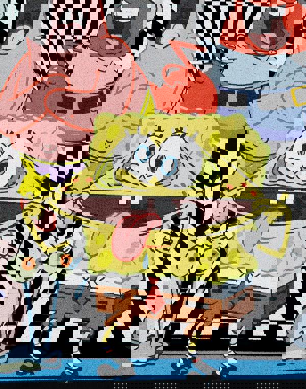 SpongeBob SquarePants Mens Black Checkerboard Group Short Sleeved T-Shirt