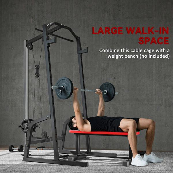 Black cable power rack with wide open frame for bench training and cable work