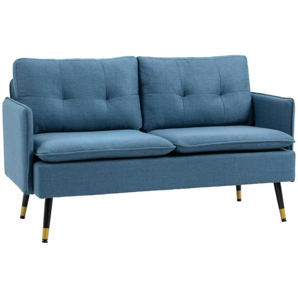 Dark blue button-tufted loveseat sofa with two seat cushions and steel legs