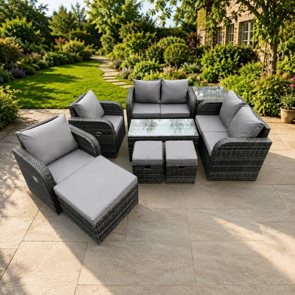 Fimous 9 Seater Rattan Garden Furniture Set with Outdoor Patio Sofa, Table, Chairs, Coffee Table & 3 Footstools