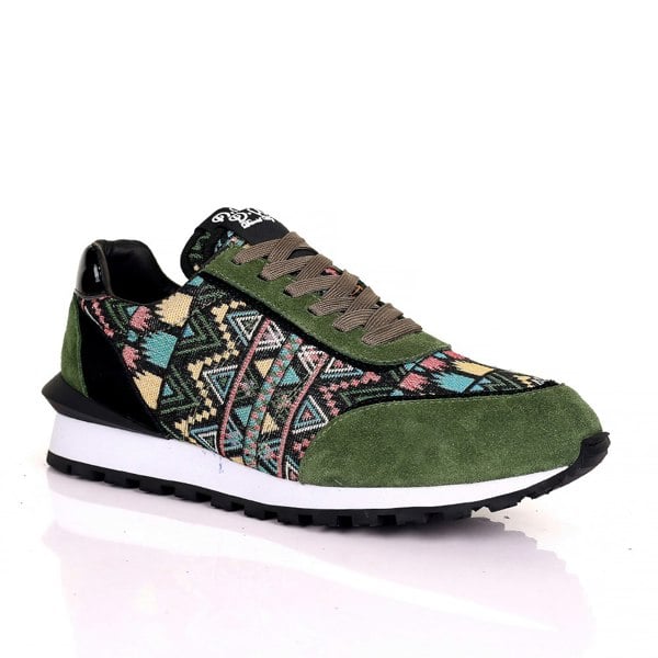 David WeJ Boston Ethnic Print Smart Trainer - Khaki Green