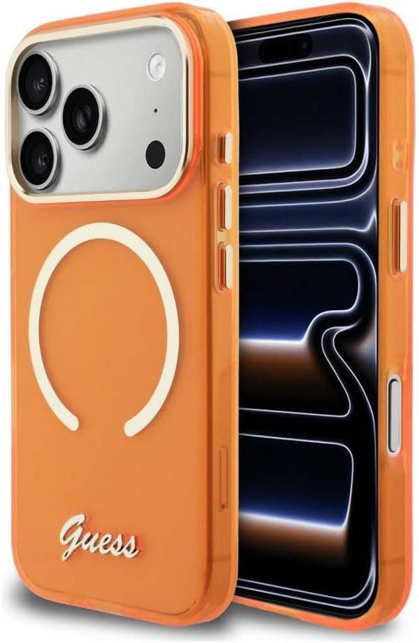 Guess IML Script Metal Logo Case with MagSafe for iPhone 17 Pro 6.3" Orange - GUHMP17L5HTCSMSO