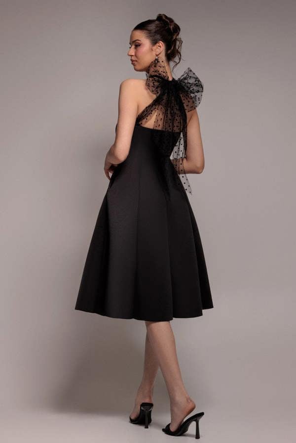 Scuba & Polka Mesh Bella Bow Multiway A-Line Midi Dress - Black DR4877