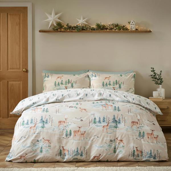 Catherine Lansfield Brushed Christmas Deer Cotton Reversible Duvet Cover Set Natural