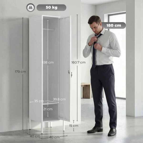 Metal Locker Cabinet with Hanging Rod, Lock and Key, Single Locker Storage Cabinet with Shelf, White