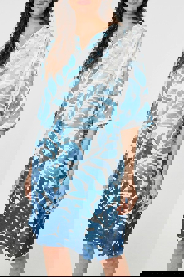 Blue | Leaf Print 3/4 Sleeve Relaxed Shift Dress