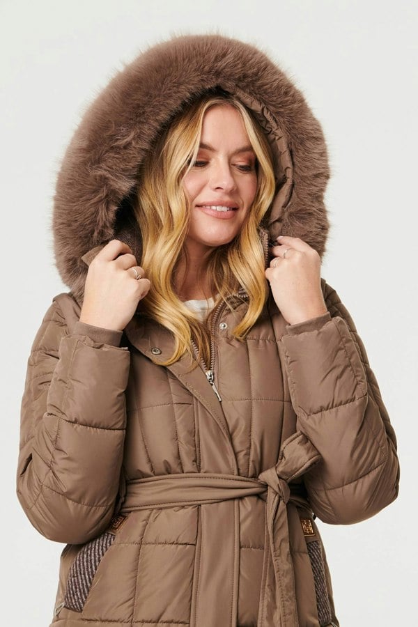 Khaki | Faux Fur Hood Textured Puffer Jacket
