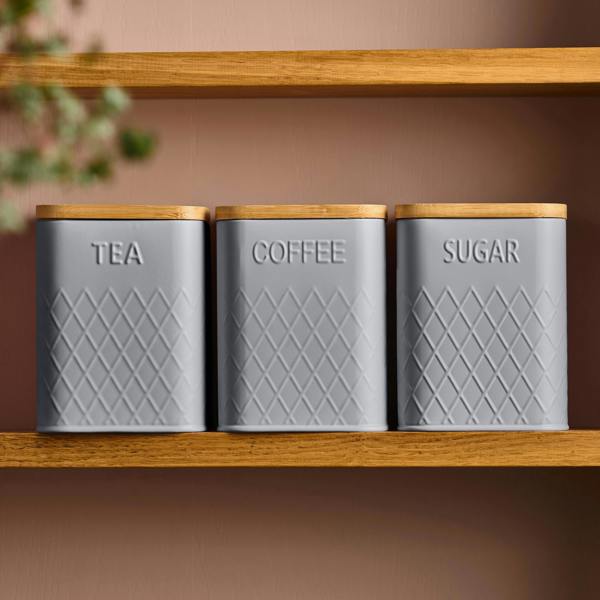 Cooks Professional 3 Piece Embossed Kitchen Storage Set with Bamboo Lids | Grey