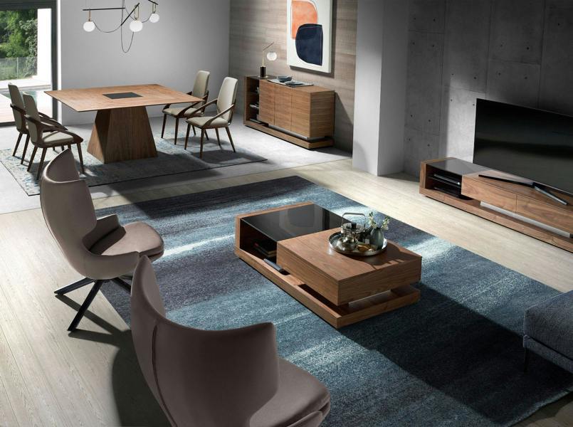 Angel Cerdá Sideboard walnut, brushed steel and black glass top 3140