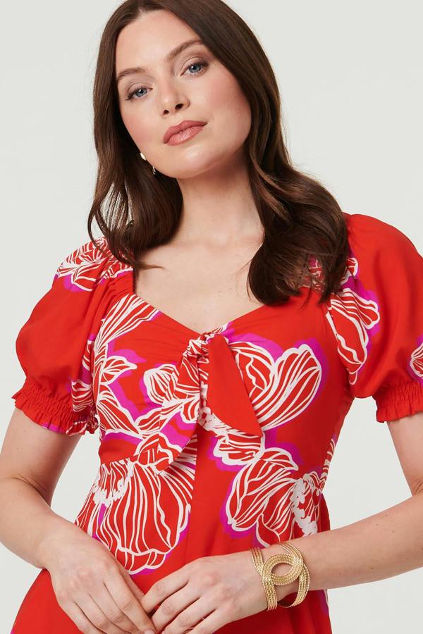 Red | Floral Puff Sleeve A-Line Midi Dress