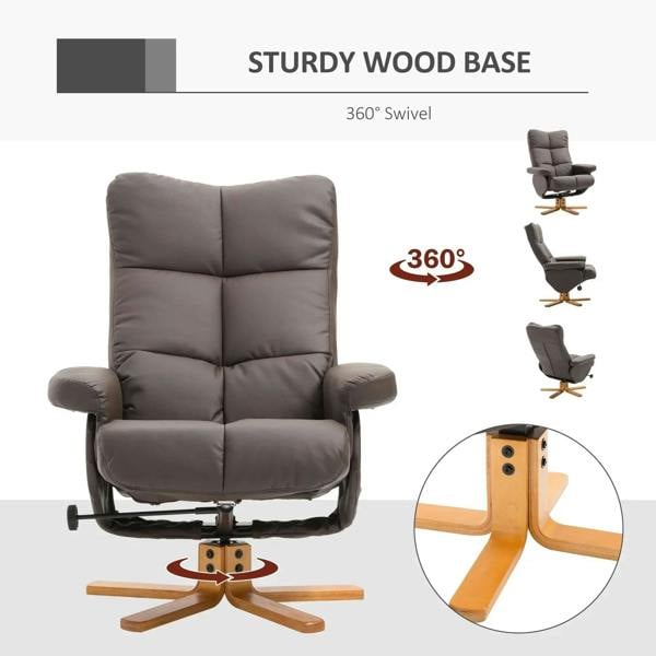 Brown PU leather swivel recliner chair with sturdy wooden base for 360-degree turning