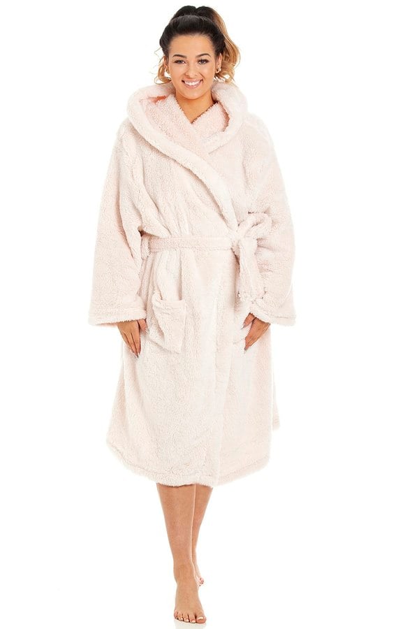 Camille Womens Pink Supersoft Fluffy Fleece Hooded Robes
