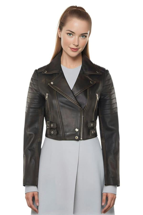 Infinity Leather Womens Cropped Brando Leather Biker Jacket-Damascus