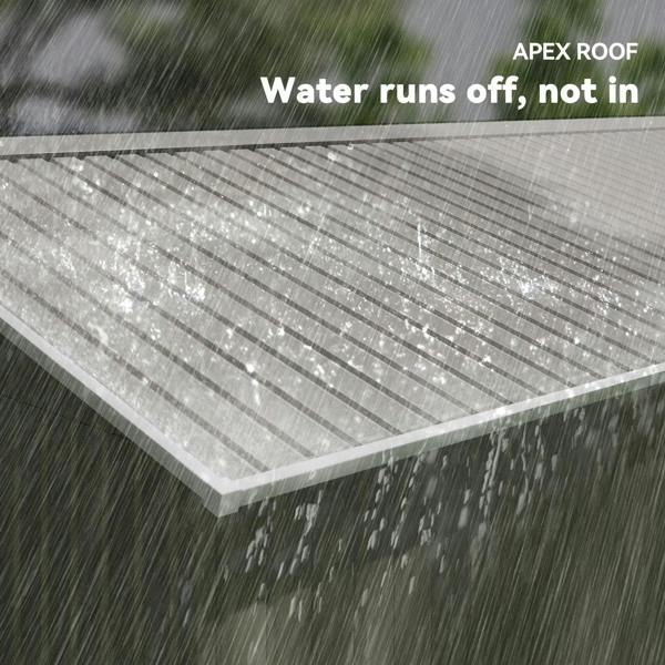 Apex roof panel on light grey metal shed showing water runoff