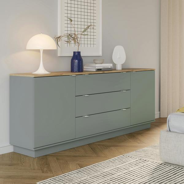 Furniture To Go Ganymede Large Sideboard with 3 Drawers & 2 Doors in Mauvella Oak and Sage