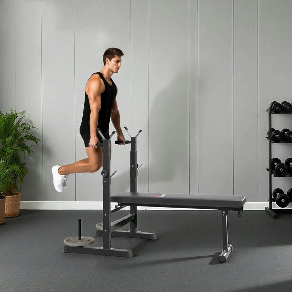 Adjustable weight bench with black pad used by person, bar handles on rack