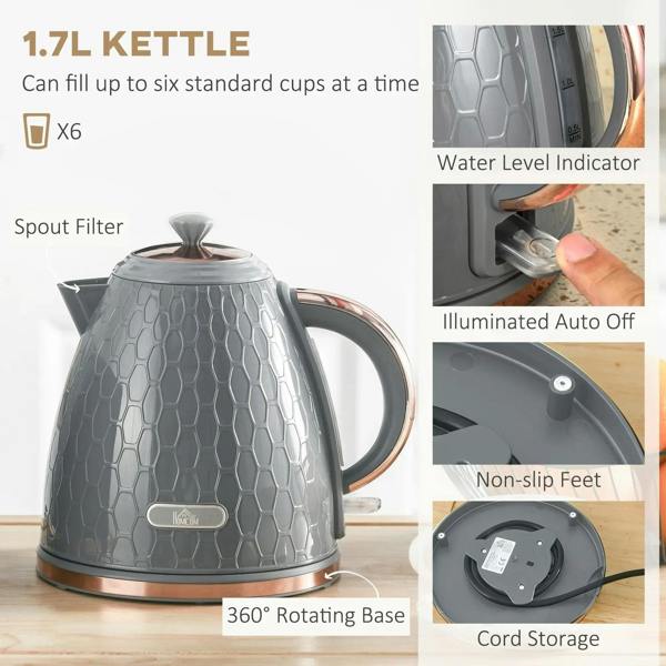 Grey electric kettle with 360° base, water level indicator and spout filter, rose-gold trim