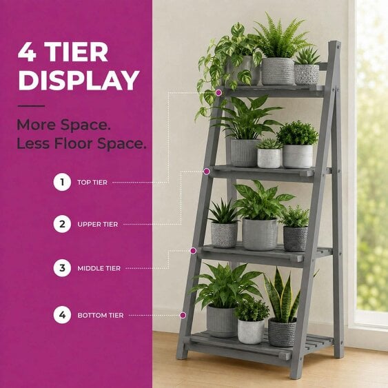 Neo Grey 4 Tier Wooden Foldable Plant Stand