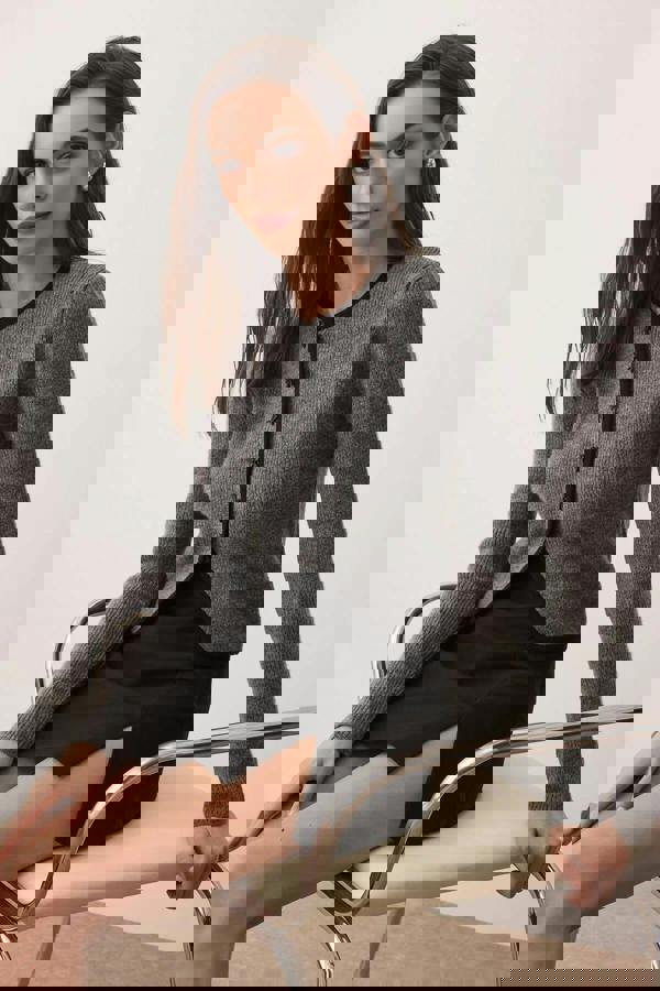 WOVCOR Crop Knit Cardigan with Ribbon Buttons Detail