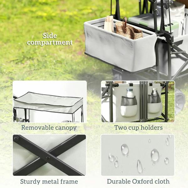 Grey folding wagon cart with removable canopy, side pocket, and two cup holders