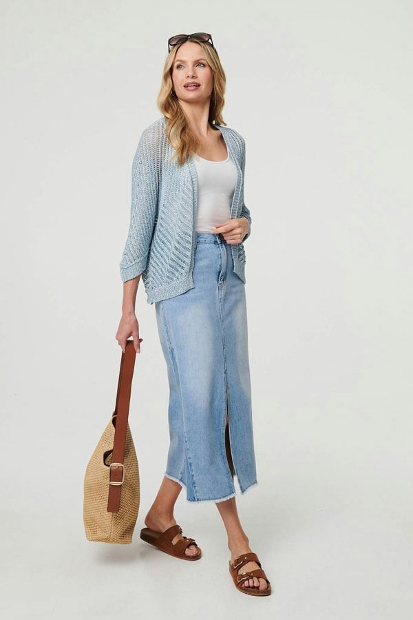Blue | Sheer Mesh Texture 3/4 Sleeve Cardigan
