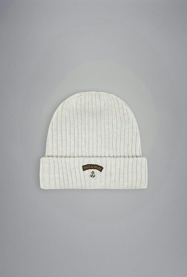 Paul & Shark Ribbed Wool Beanie with Anchor Badge - One Size - Grey