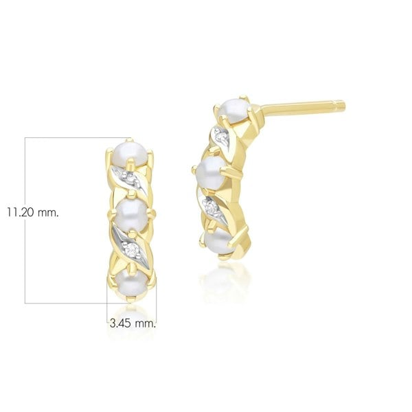 Gemondo Classic Art Nouveau Style Pearl & Diamond Half Eternity Hoop Earrings in 9ct Yellow Gold