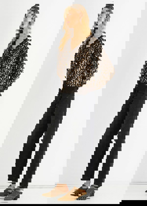 Gini London Chocolate Animal Print Wool Mix Cardigan Look Jumper