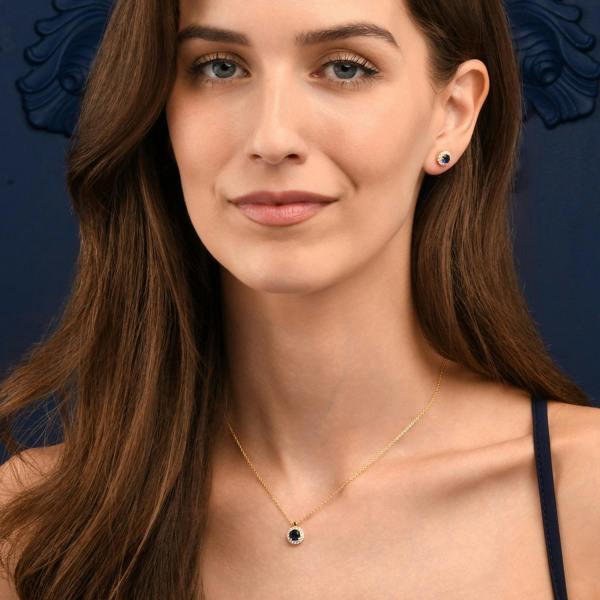 namana Gold Plated Sterling Silver Blue Cubic Zirconia Round Halo Stud Earrings