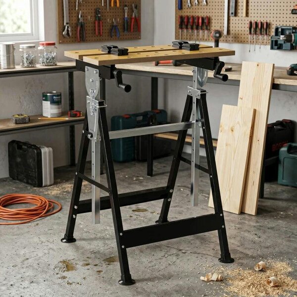 Portable Folding Workbench with Adjustable Height & Angle, Work Bench with 4 Adjustable Clamping Pegs, Beige