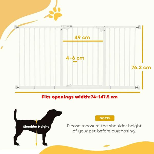 White safety gate diagram with central panel and size measurements for opening width