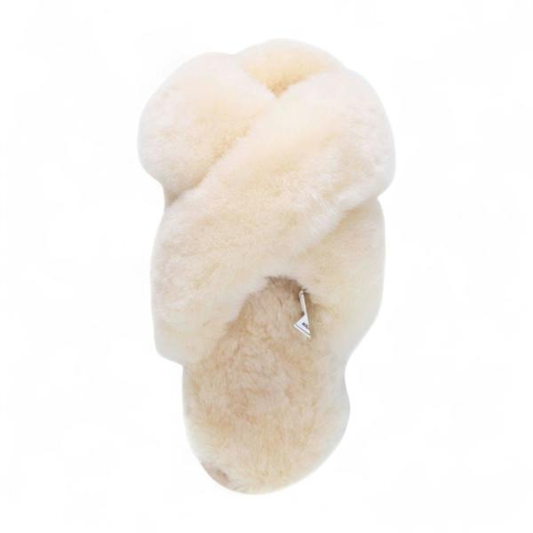 Infinity Leather Women's Sheepskin Slippers Beige Warm Winter Fur Crossover - Snowbelle