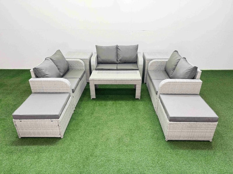 Fimous  8 Seater PE Wicker Rattan Furniture Sofa Sets with Oblong Coffee Table 2 Seater Love Sofa 2 Big Footstool 2 Side Table Light Grey