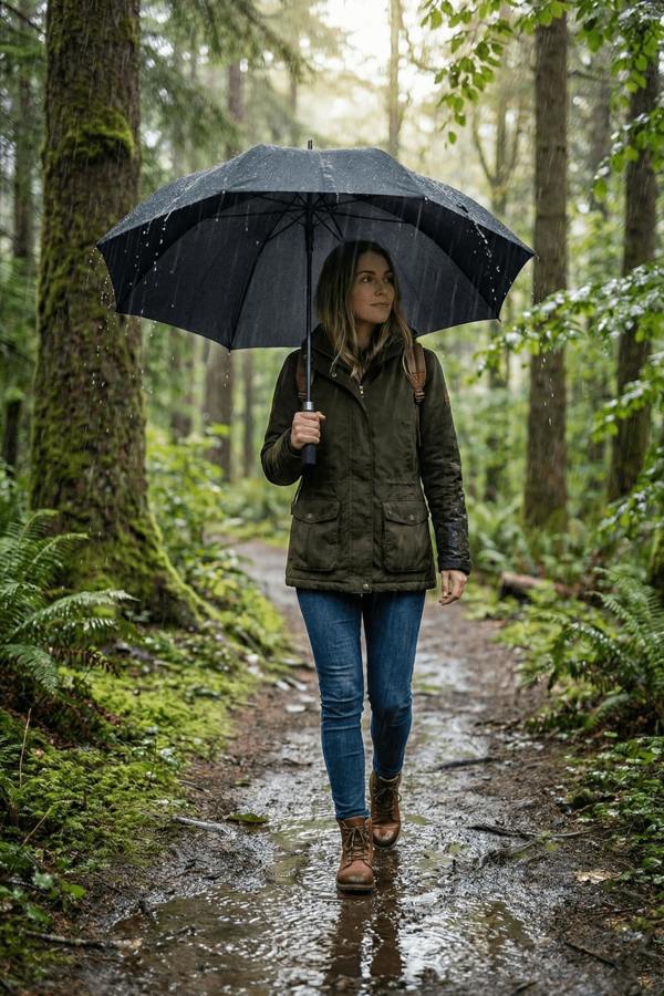 Woman holding open black Optimum umbrella on wet woodland trail in rain, lifestyle shot - Optimum